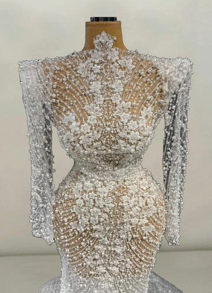 Delicate High Collar Mermaid Bridal Gowns Appliques Long Sleeve Beading Pearls Wedding Dress AP6130