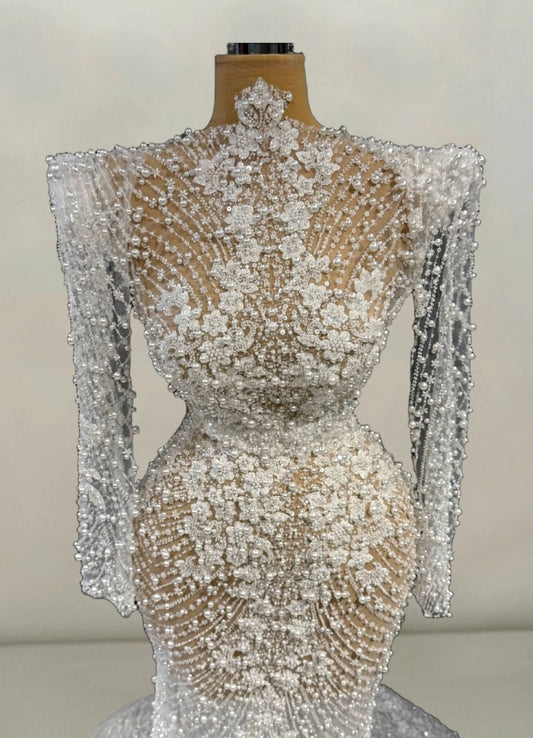 Delicate High Collar Mermaid Bridal Gowns Appliques Long Sleeve Beading Pearls Wedding Dress AP6130