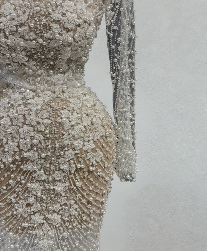 Delicate High Collar Mermaid Bridal Gowns Appliques Long Sleeve Beading Pearls Wedding Dress AP6130