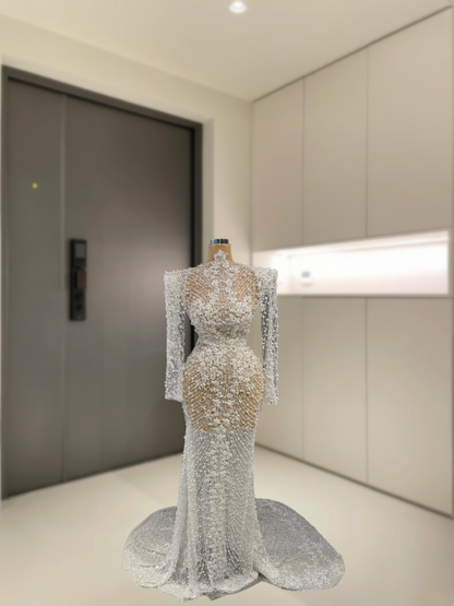 Delicate High Collar Mermaid Bridal Gowns Appliques Long Sleeve Beading Pearls Wedding Dress AP6130