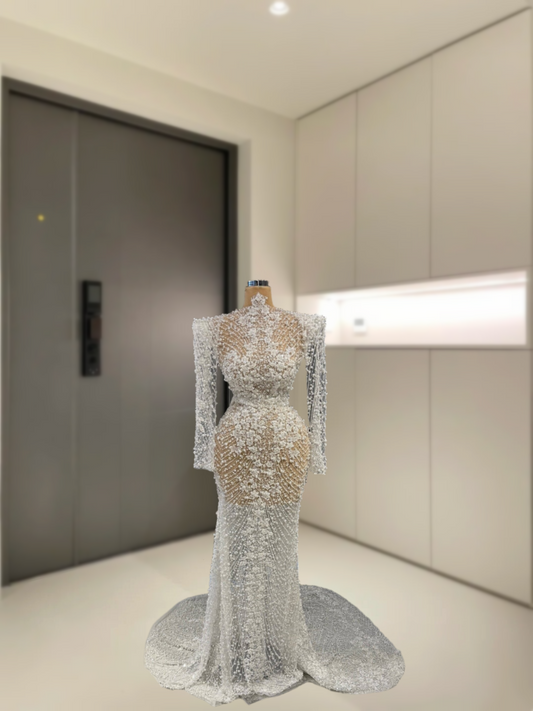 Delicate High Collar Mermaid Bridal Gowns Appliques Long Sleeve Beading Pearls Wedding Dress AP6130