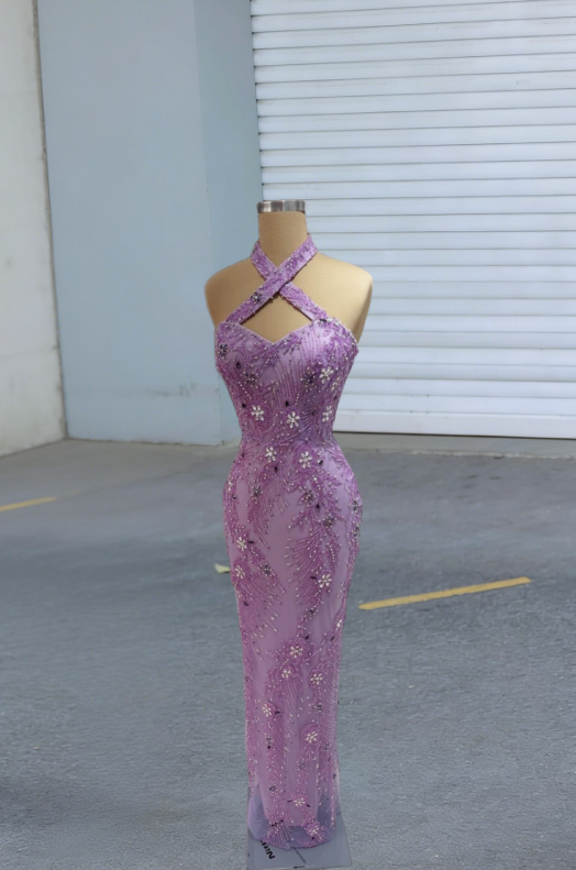 Fancy Sheath Halter Neck Evening Gowns Floral Beading Prom Dress AP6131