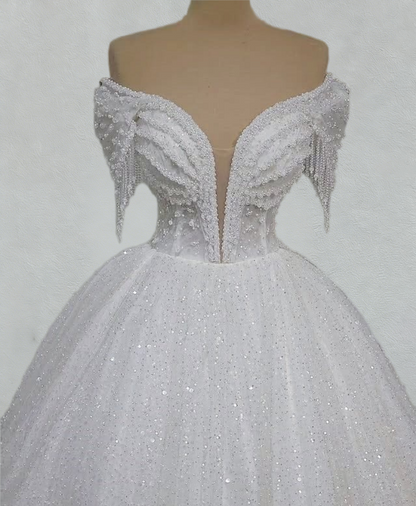 New Tendency A-Line Off-Shoulder Engagement Gowns Sequins Beading Tassel Wedding Dress AP6137