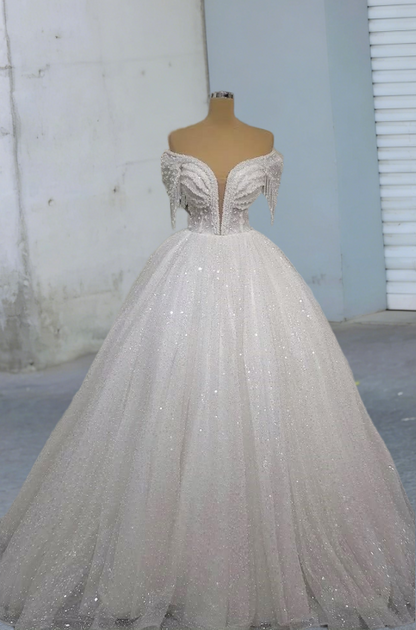 New Tendency A-Line Off-Shoulder Engagement Gowns Sequins Beading Tassel Wedding Dress AP6137