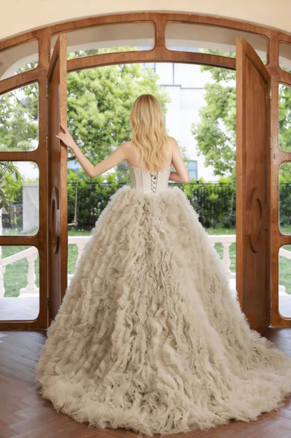 Fairy Strapless A-Line Sweet 16th Gowns Ruffled Tulle Prom Dress AP6138