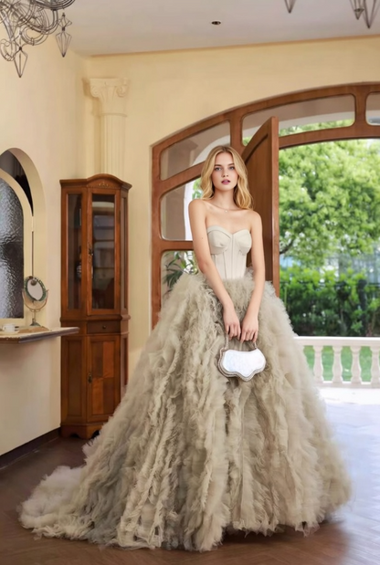 Fairy Strapless A-Line Sweet 16th Gowns Ruffled Tulle Prom Dress AP6138