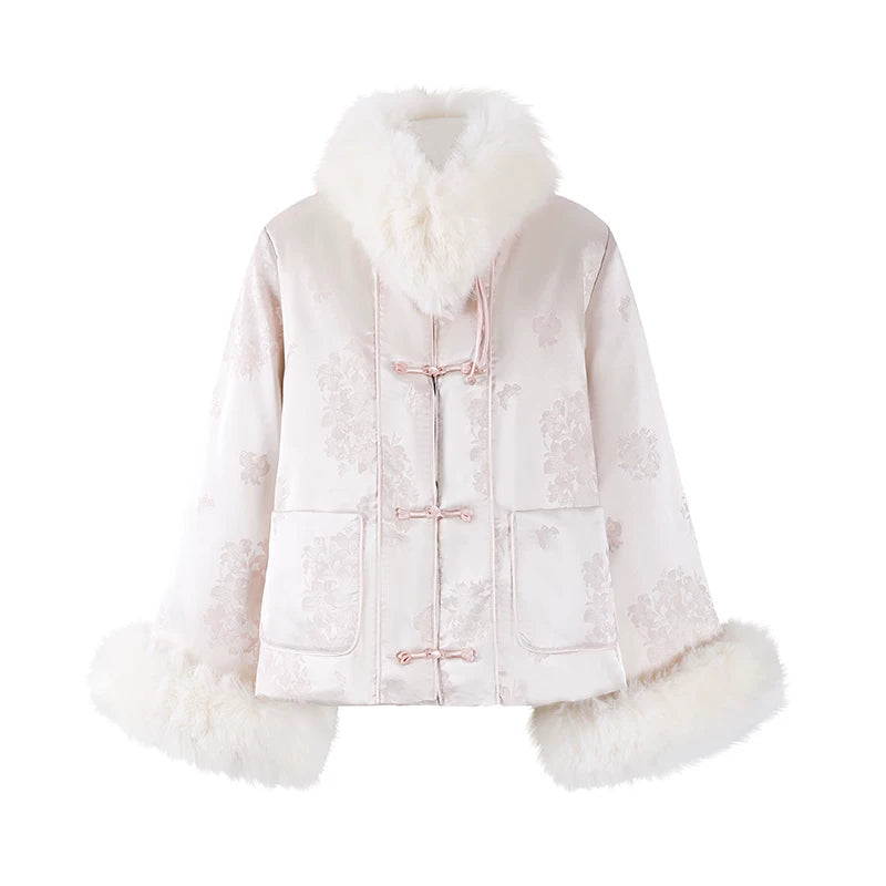 Hot Girls Fur Collar Cuffs Long Sleeves Two Piece Mermaid Maxi Dress Elegant Light Pink Cropped Jacket Frog Buttons Lace Flared Long Dress AP6139