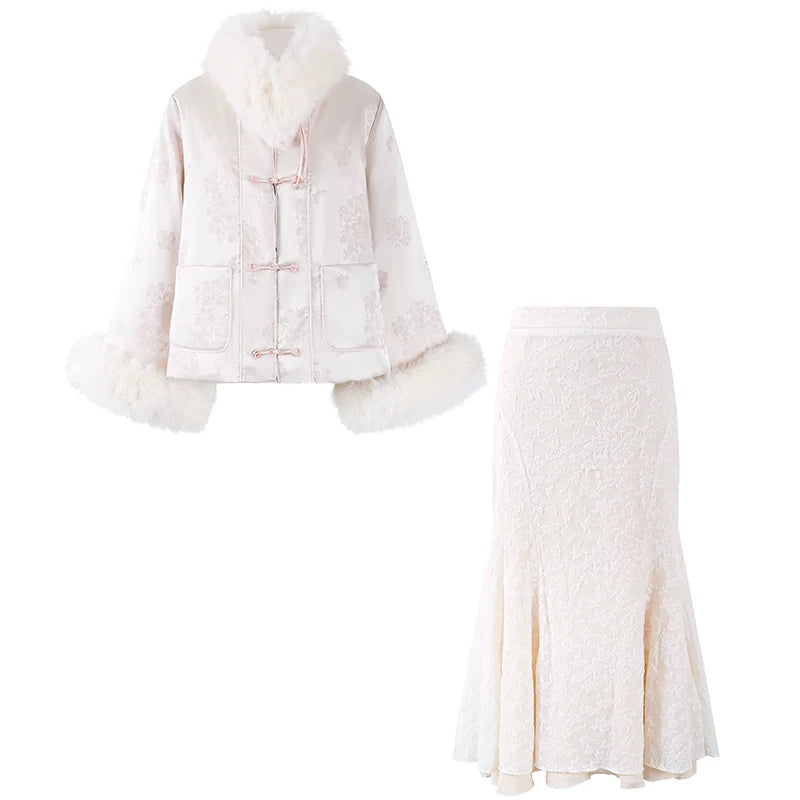 Hot Girls Fur Collar Cuffs Long Sleeves Two Piece Mermaid Maxi Dress Elegant Light Pink Cropped Jacket Frog Buttons Lace Flared Long Dress AP6139