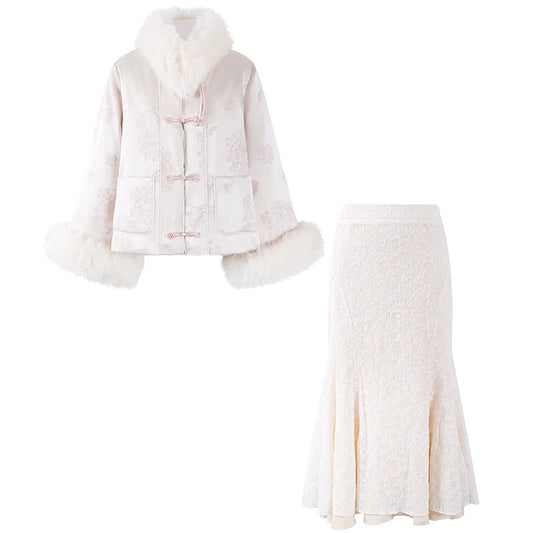 Hot Girls Fur Collar Cuffs Long Sleeves Two Piece Mermaid Maxi Dress Elegant Light Pink Cropped Jacket Frog Buttons Lace Flared Long Dress AP6139