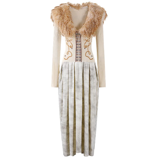 Everyday Wear Cream Knit Faux Fur Collar Long Sleeves A-Line Maxi Dress Chic Hook Front Detailing Pleated Ombre Suede Long Dress AP6140