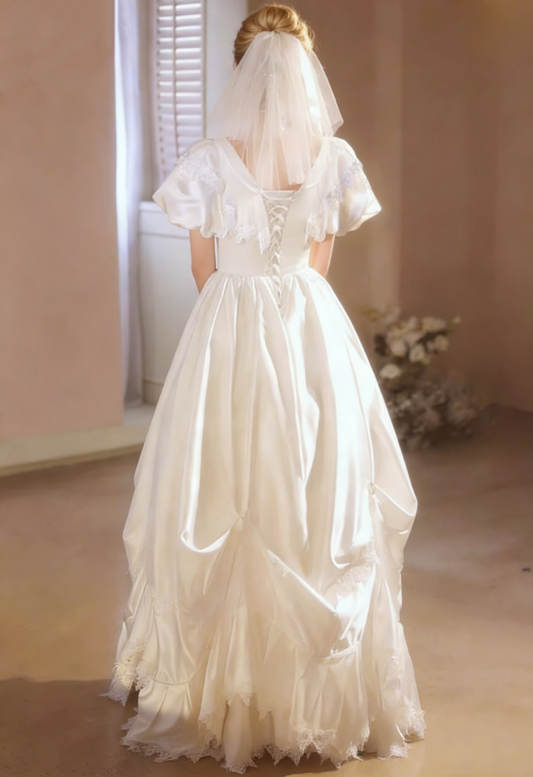 Exquisite A-Line V Neck Gathered Satin Bridal Gowns Short Sleeve 3D Floral Lace Wedding Dress AP6141