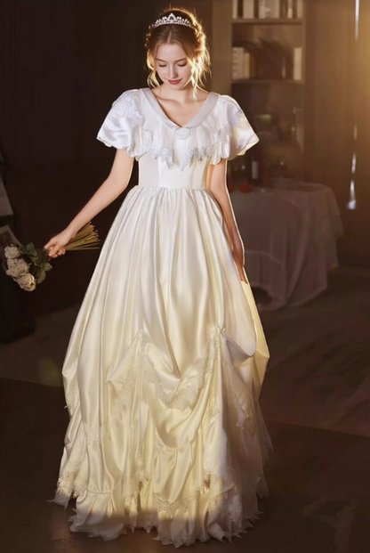 Exquisite A-Line V Neck Gathered Satin Bridal Gowns Short Sleeve 3D Floral Lace Wedding Dress AP6141