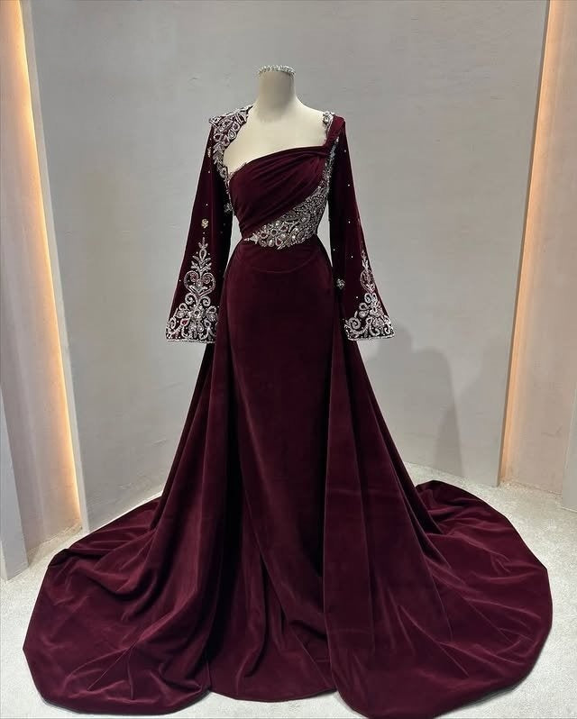 Boho-Inspired A-Line Asymmetric Neck Sweet 16th Dresses Crystals Beading Long Sleeve Prom Dress AP6142