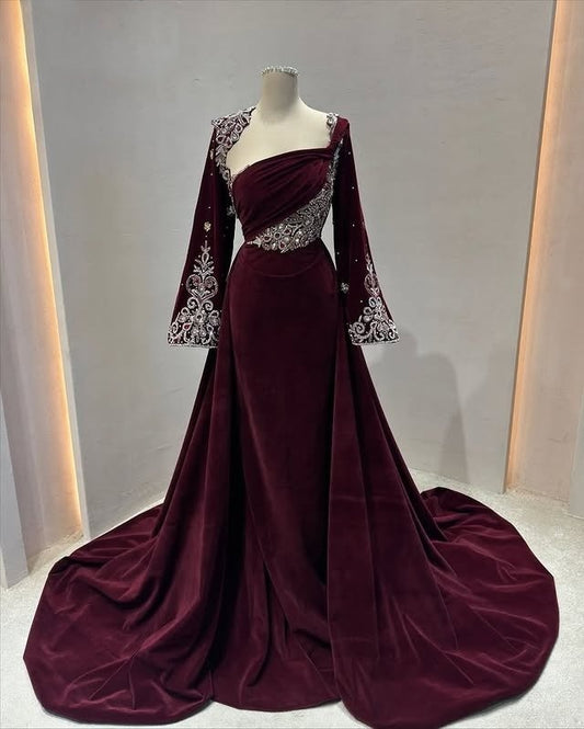 Boho-Inspired A-Line Asymmetric Neck Sweet 16th Dresses Crystals Beading Long Sleeve Prom Dress AP6142