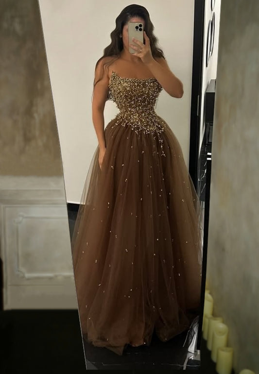 Refined Strapless A-Line Sweet 16th Gowns Beading Sequins Layered Tulle Prom Dress AP6143
