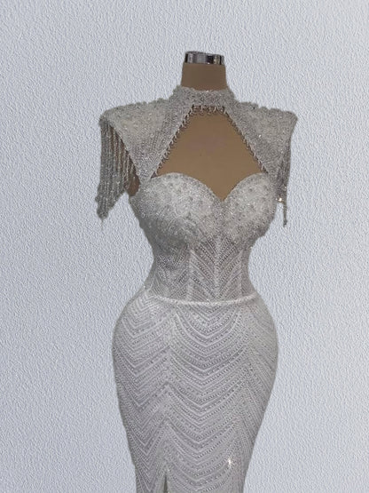 Beautiful Cutout High Collar Mermaid Bridal Gowns High-Slit Sequins Beading Tassel Wedding Dress AP6144
