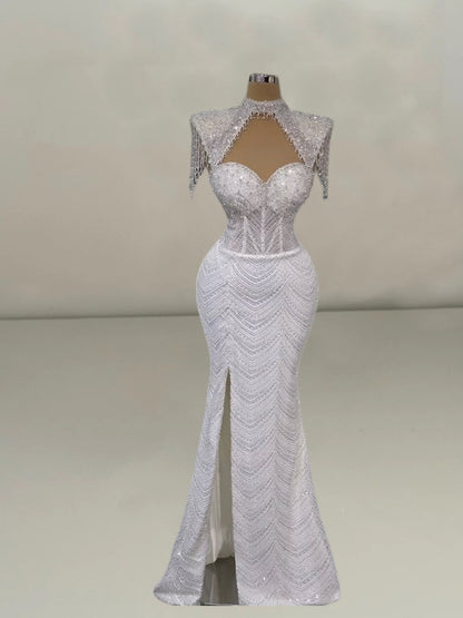 Beautiful Cutout High Collar Mermaid Bridal Gowns High-Slit Sequins Beading Tassel Wedding Dress AP6144