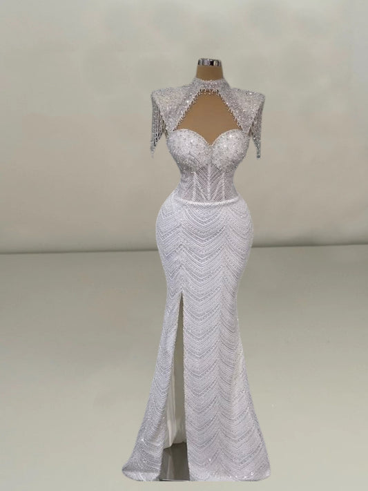 Beautiful Cutout High Collar Mermaid Bridal Gowns High-Slit Sequins Beading Tassel Wedding Dress AP6144