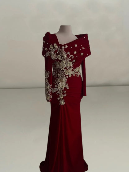 Superb Sheath Asymmetric Neck Evening Dress Long Sleeve Appliques Beading Prom Dress AP6146