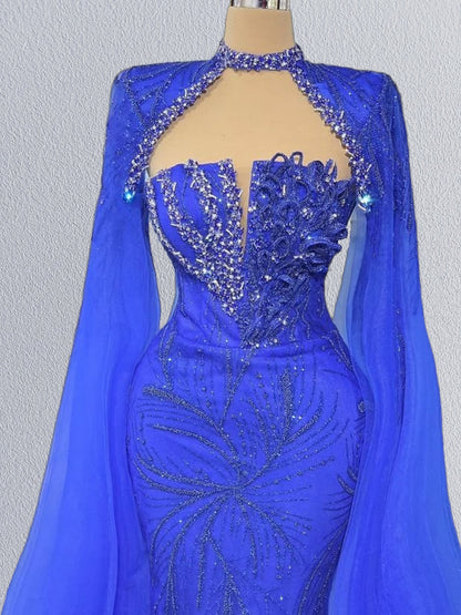 Wonderful Jewel Neck Cutout Mermaid Evening Dress Long Sleeve Sequins Beading Prom Dress AP6147