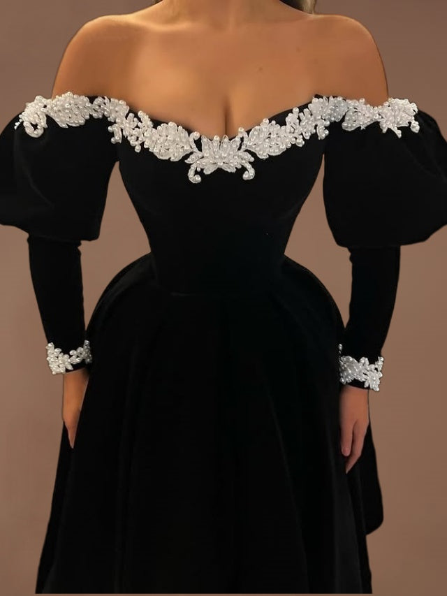 Fascinating Off-Shoulder A-Line Sweet 16th Dresses Black Long Sleeve Appliques Pearls Prom Dress AP6151