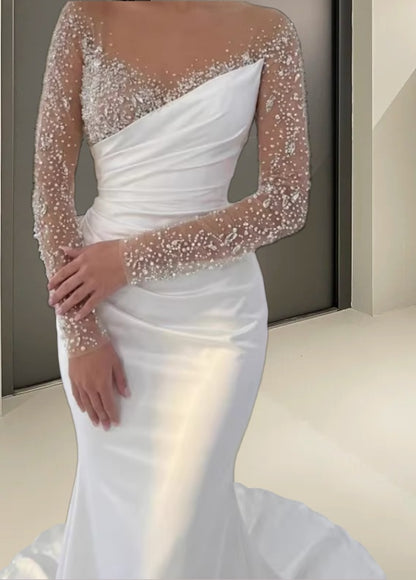 Splendid Illusion Neck Mermaid Bridal Gowns Long Sleeve Beading Wedding Dress AP6152