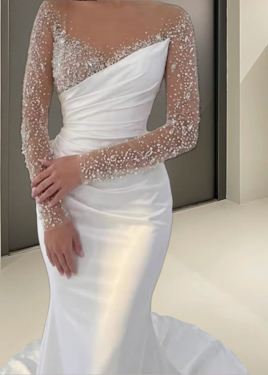 Splendid Illusion Neck Mermaid Bridal Gowns Long Sleeve Beading Wedding Dress AP6152