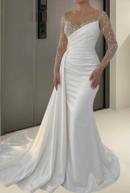 Splendid Illusion Neck Mermaid Bridal Gowns Long Sleeve Beading Wedding Dress AP6152