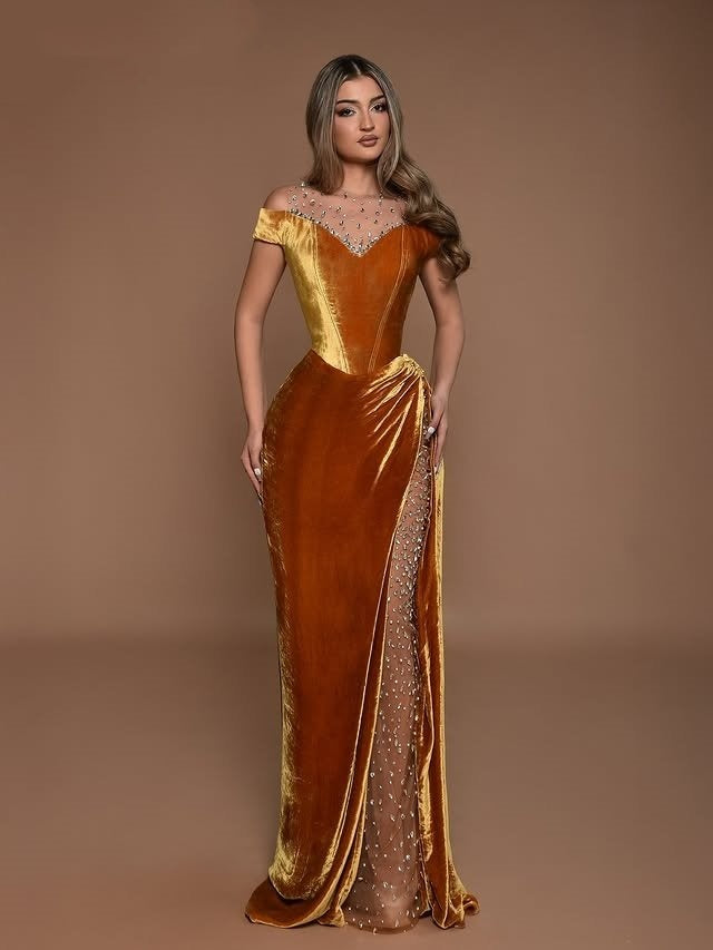 Enticing Off-Shoulder Sheath Sweet 16th Dresses Crystals Slit Prom Dress AP6153