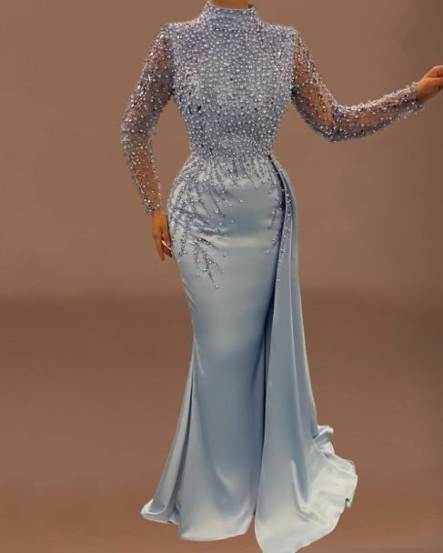 Shiny High Collar Mermaid Evening Dress Long Sleeve Beading Sequins Prom Dress AP6154