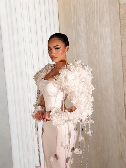 Avant-Garde Square Neck Mermaid Bridal Gowns Beading 3D Appliques Long Sleeve Wedding Dress AP6155
