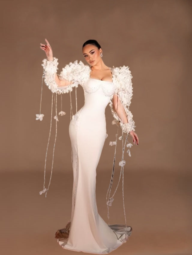 Avant-Garde Square Neck Mermaid Bridal Gowns Beading 3D Appliques Long Sleeve Wedding Dress AP6155