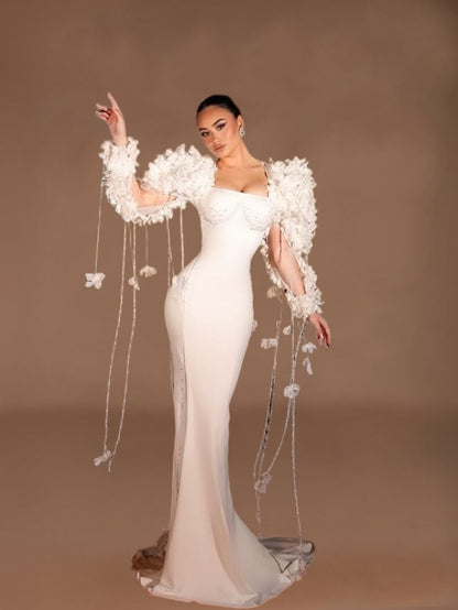 Avant-Garde Square Neck Mermaid Bridal Gowns Beading 3D Appliques Long Sleeve Wedding Dress AP6155