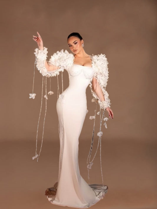 Avant-Garde Square Neck Mermaid Bridal Gowns Beading 3D Appliques Long Sleeve Wedding Dress AP6155