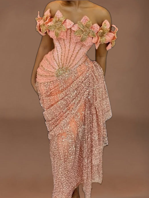 Eye-Catching Off-Shoulder Sheath Sweet 16th Dresses Handmade Flowers Sequins Prom Dress AP6156