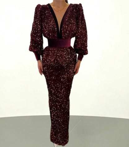 Fresh V Neck Sheath Evening Dress Long Sleeve Sequins Prom Dress AP6157