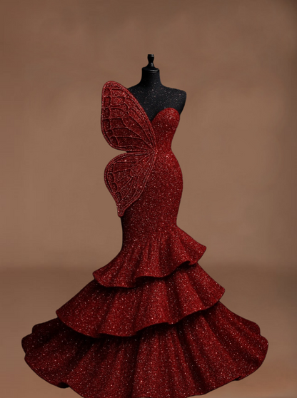 Voluminous Strapless Evening Mermaid Dress Sequins Red Tiered Prom Dress AP6159