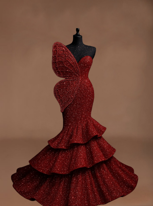 Voluminous Strapless Evening Mermaid Dress Sequins Red Tiered Prom Dress AP6159