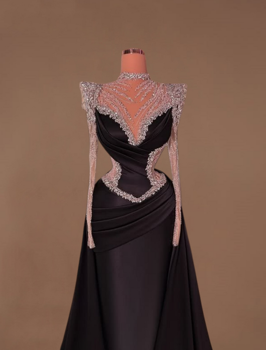Victorian-Inspired A-Line High Collar Pleated Black Sweet 16th Dresses Beading Long Sleeve Prom Dress AP6161