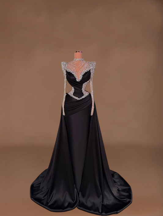 Victorian-Inspired A-Line High Collar Pleated Black Sweet 16th Dresses Beading Long Sleeve Prom Dress AP6161