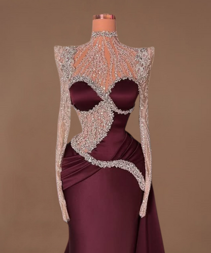 Dainty Sheath High Collar Evening Dress Long Sleeve Rhinestones Beaded Prom Dress AP6162
