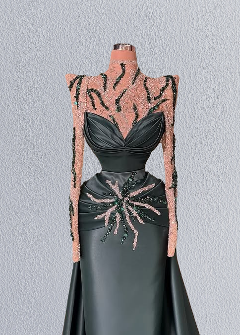 Lustrous Satin Sheath High Collar Evening Dress Long Sleeve Sequins Rhinestones Prom Dress AP6163