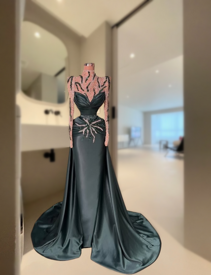 Lustrous Satin Sheath High Collar Evening Dress Long Sleeve Sequins Rhinestones Prom Dress AP6163