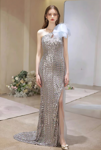 Romantic One Shoulder Cutout Sheath Evening Gowns High-Slit Sequins Prom Dress AP6165
