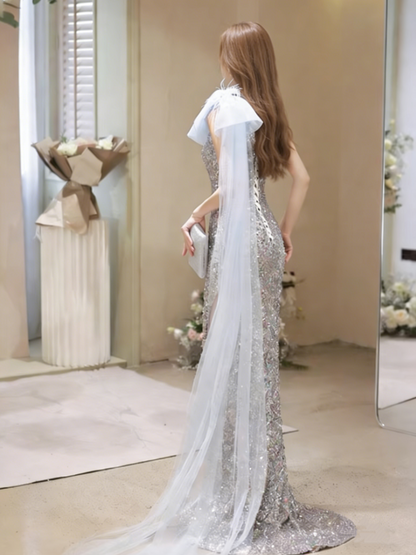 Romantic One Shoulder Cutout Sheath Evening Gowns High-Slit Sequins Prom Dress AP6165