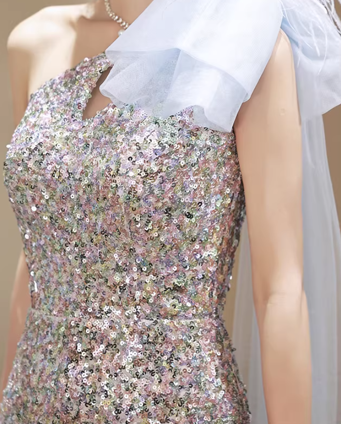 Romantic One Shoulder Cutout Sheath Evening Gowns High-Slit Sequins Prom Dress AP6165