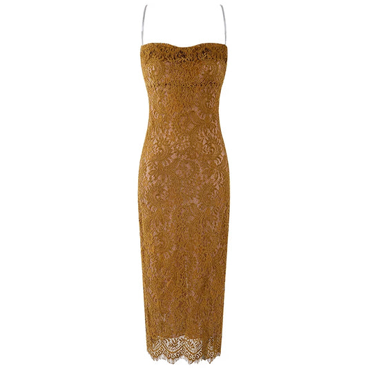 Ornate Mustard Yellow Lace Thin Spaghetti Strap Maxi Dress Sexy Floral Detailing Silhouette Scalloped Hem Sheath Long Dress AP6166