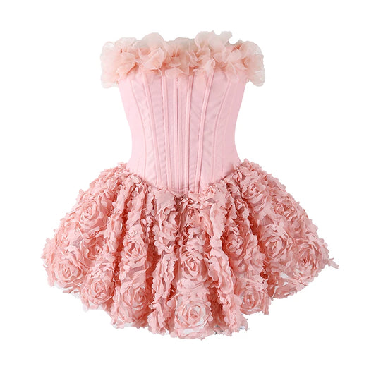 Fabulous 3D Rosette Embellished Strapless Corset Mini Skirt Chic Blush Pink Ruffled Detail Dramatic Rose Covered A-Line Short Dress AP6167