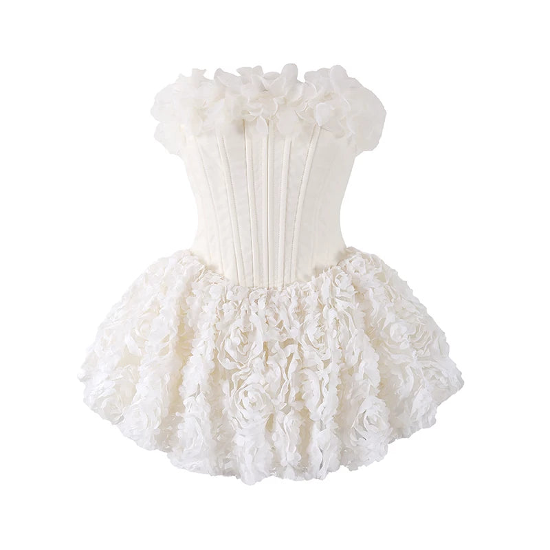 Fabulous 3D Rosette Embellished Strapless Corset Mini Skirt Chic Blush Pink Ruffled Detail Dramatic Rose Covered A-Line Short Dress AP6167
