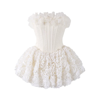 Fabulous 3D Rosette Embellished Strapless Corset Mini Skirt Chic Blush Pink Ruffled Detail Dramatic Rose Covered A-Line Short Dress AP6167